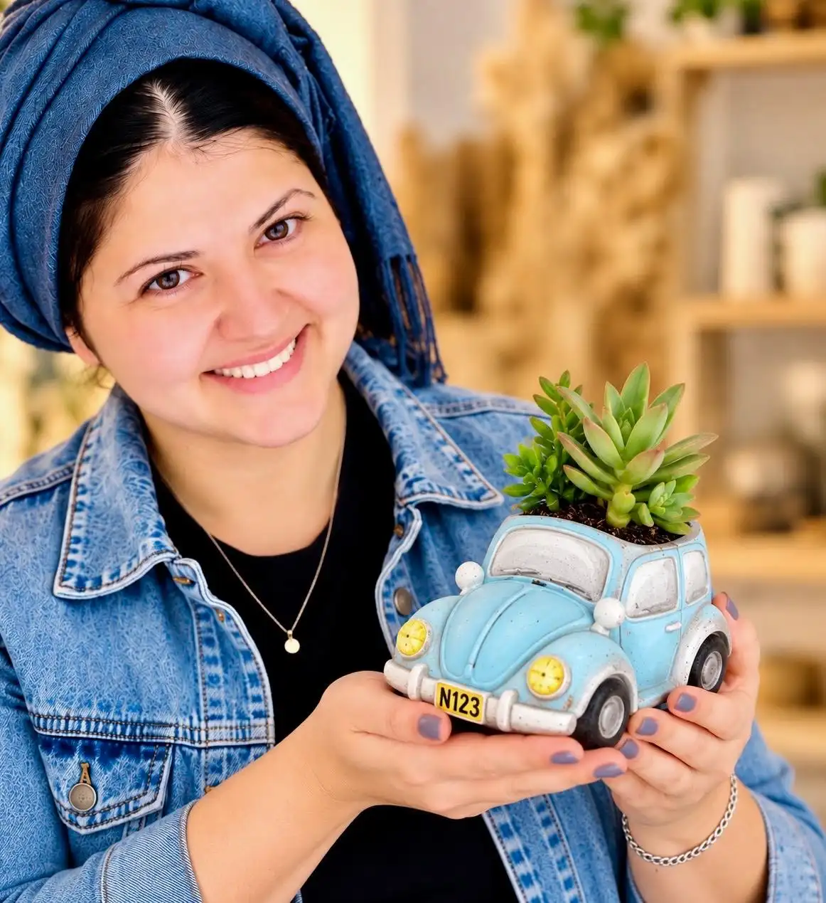כרמית פרז מחזיקה עציץ מבטון בצורת מכונית חיפושית בגוון תכלת, עם צמח סוקולנט
